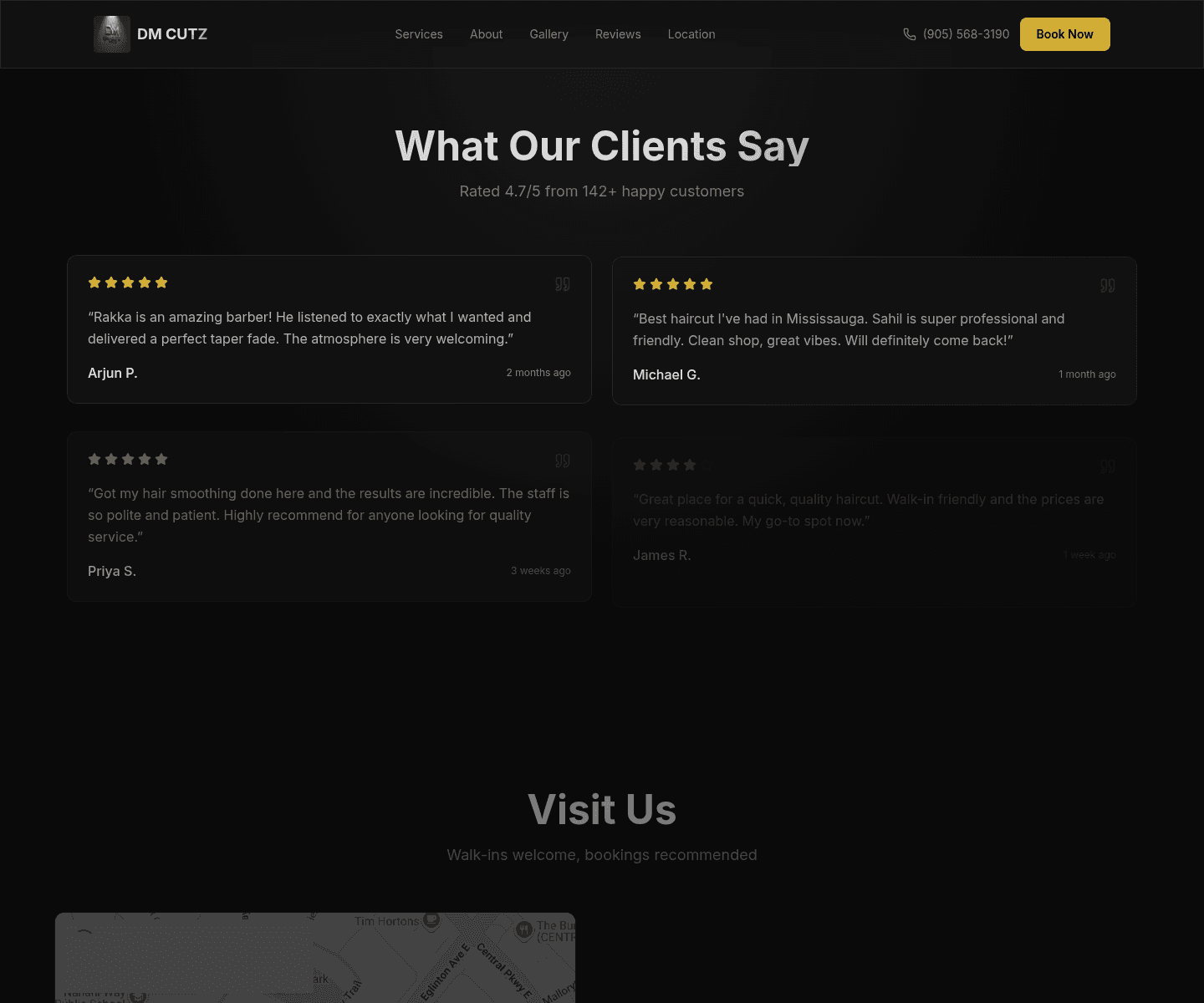 DM Cutz Salon reviews — What Our Clients Say, four quote cards, and Book Now in the header